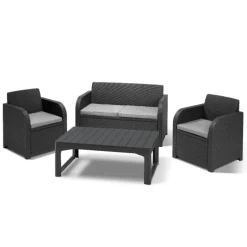 Set 2 Poltrone + Divano + Tavolino Rialzabile aperto CAROLINA LOUNGE Grafite-Keter Discount