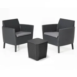 Set 2 Poltrone + Tavolino contenitore con Cuscini SALEMO BALCONY Grafite-Keter Hot