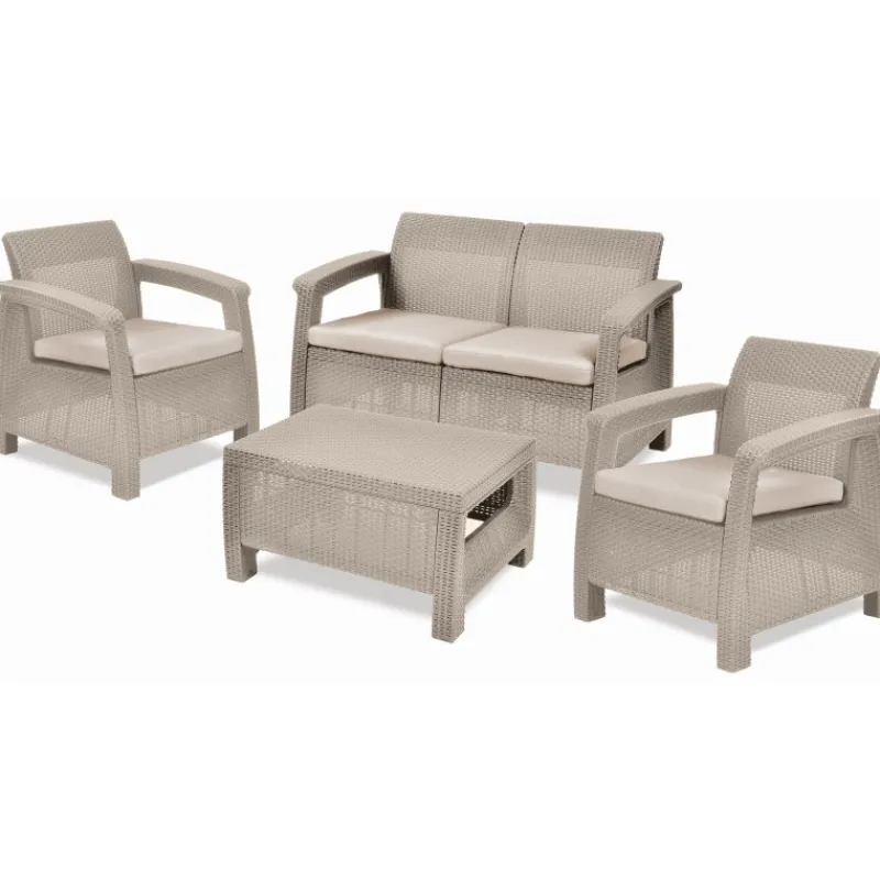 Set Lounge CORFU' Cappuccino Divano + 2 Poltrone + Tavolino Aperto-Keter Hot