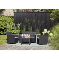 Set Lounge MARIE Grafite Divano + 2 Poltrone + Tavolino Aperto-Keter Discount