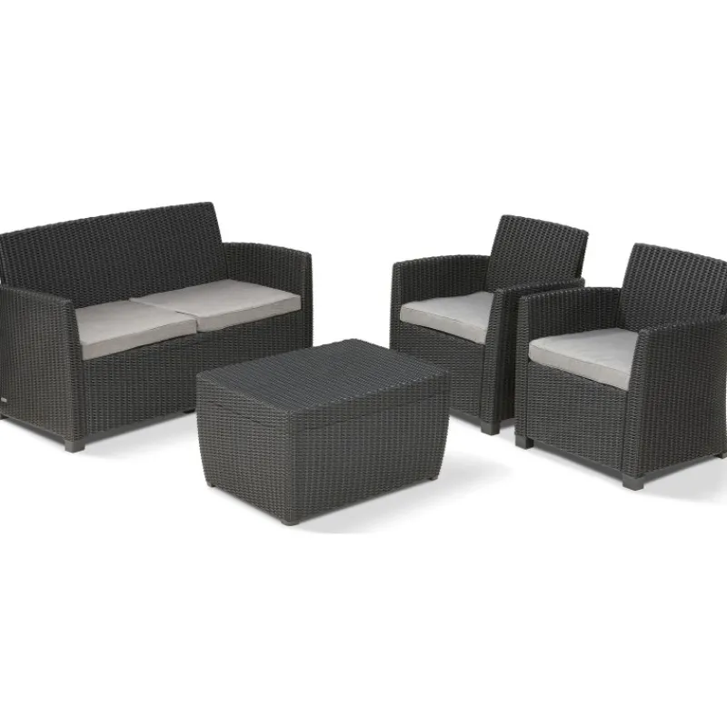 Set Lounge MIA Grafite Divano + 2 Poltrone + Tavolino Contenitore-Keter Outlet
