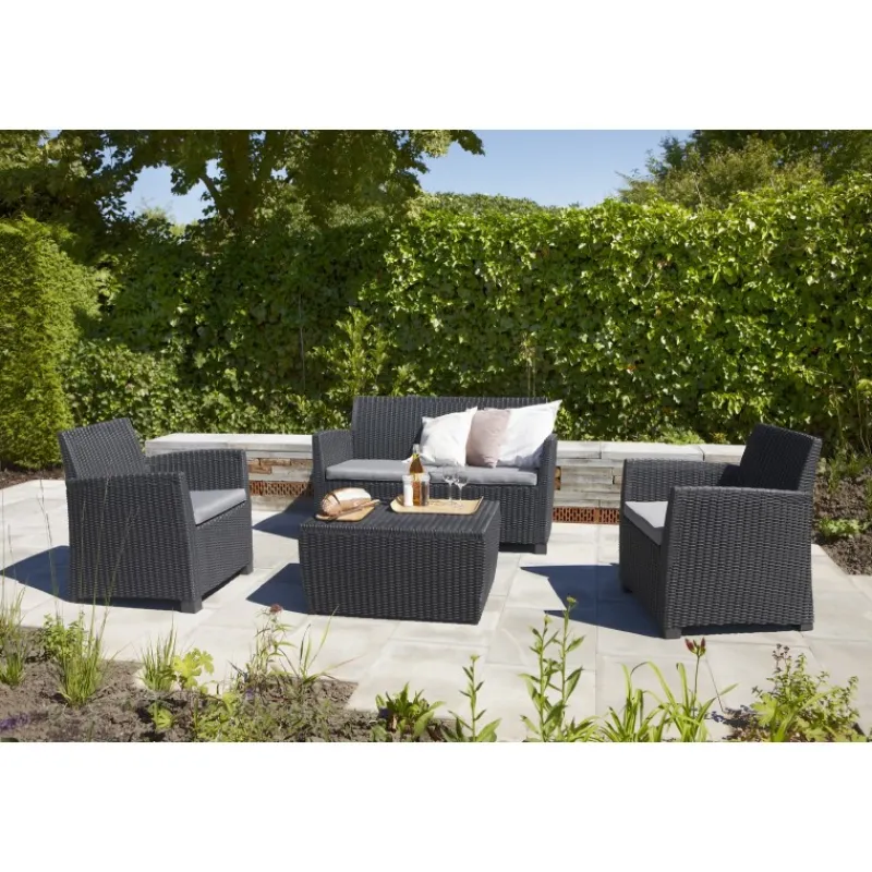 Set Lounge MIA Grafite Divano + 2 Poltrone + Tavolino Contenitore-Keter Outlet