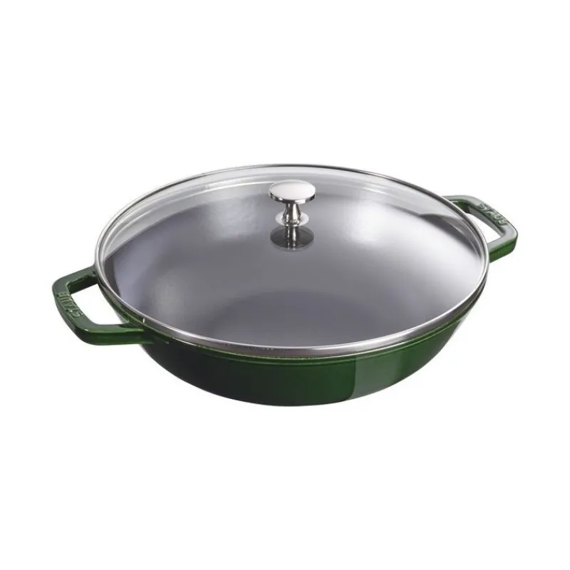 Wok con Coperchio in Vetro 30 cm Verde Basilico in Ghisa-Staub New